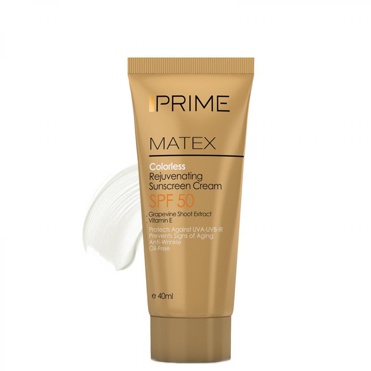 کرم ضد آفتاب فاقد چربی جوان کننده - بی رنگ - Prime Matex Rejuvenating Oil Free Sunscreen Cream SPF50 40ml Colorless