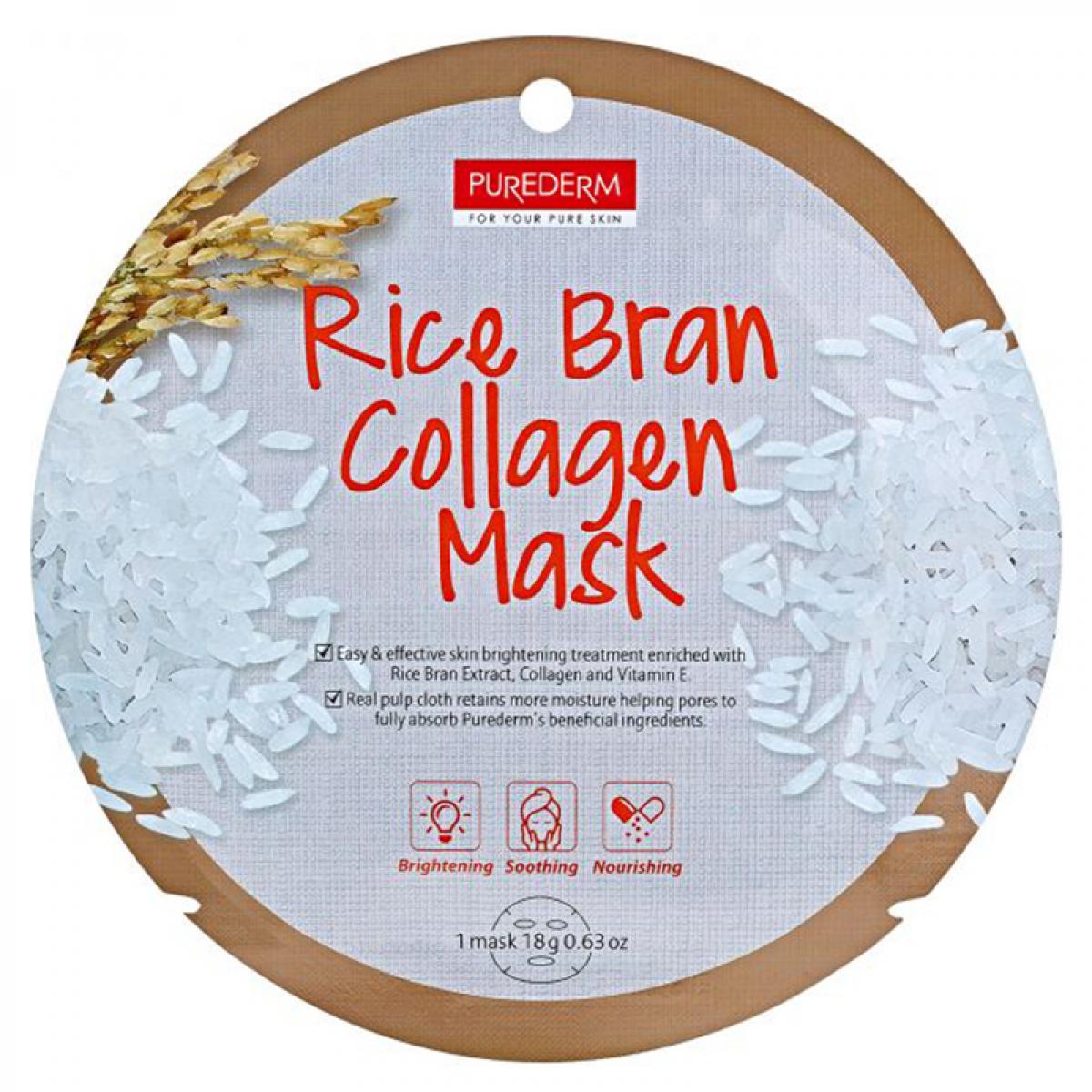 ماسک نقابی صورت حاوی عصاره سبوس برنج وزن 18 گرم - Purederm Rice Bran Collagen Mask 18gr