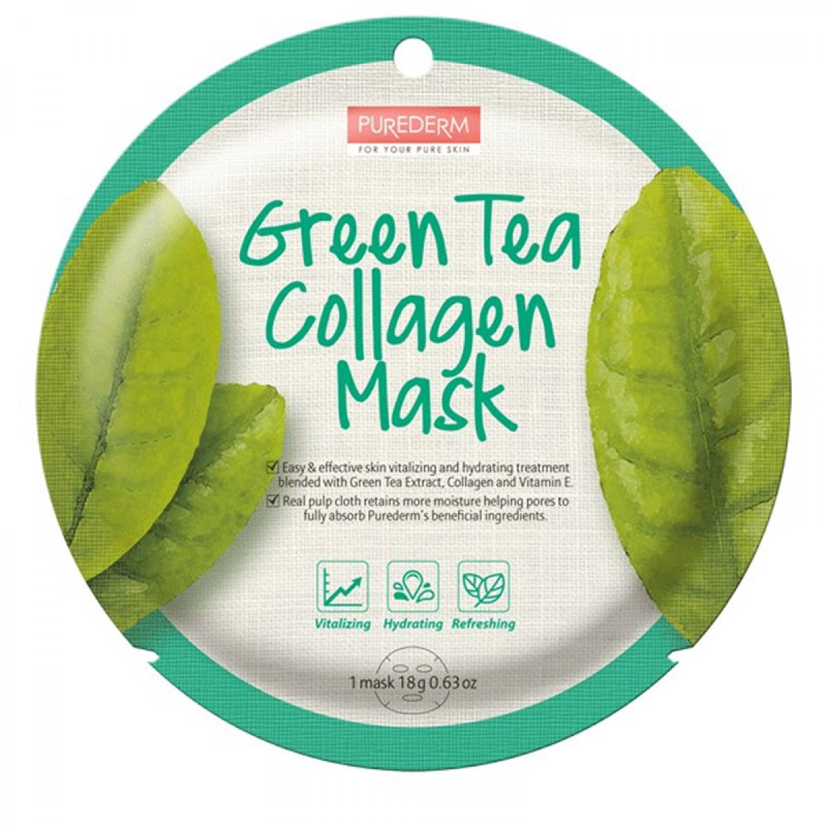 ماسک نقابی کلاژنه حاوی عصاره چای سبز وزن 18 گرم - Purederm Green Tea Collagen Mask 18gr