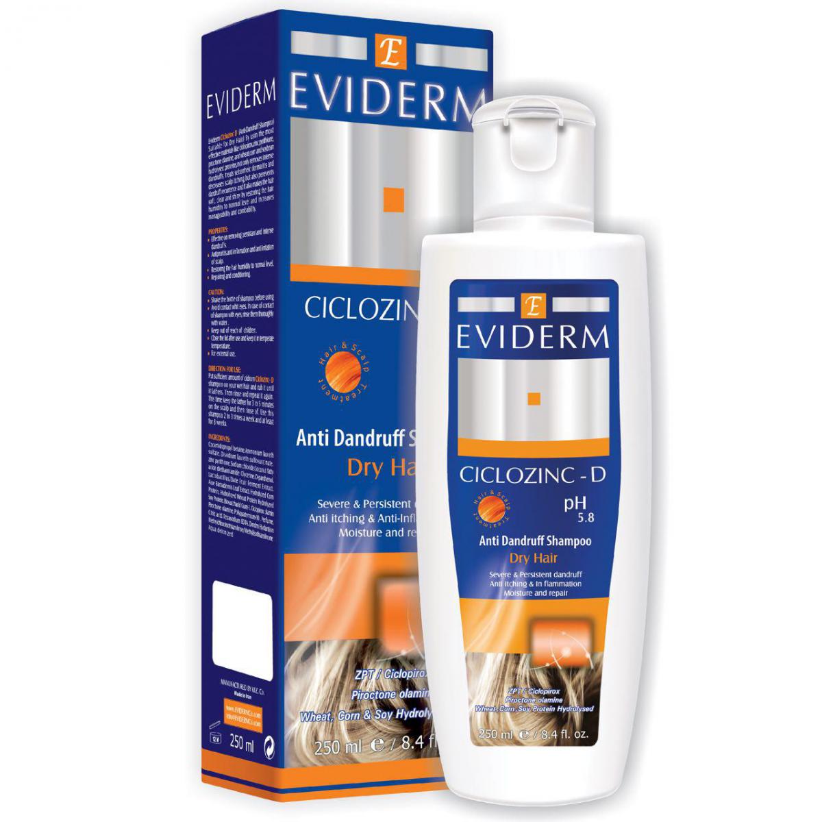 شامپو ضد شوره موهای خشک سیکلوزینک دی - Eviderm Anti-Dandruff Ciclozinc-D Shampoo For Dry Hair 250 ml